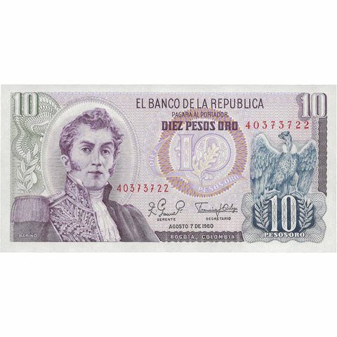 1980 10 Pesos Oro Colombia Banknote Portrait of General Antonio Nariño