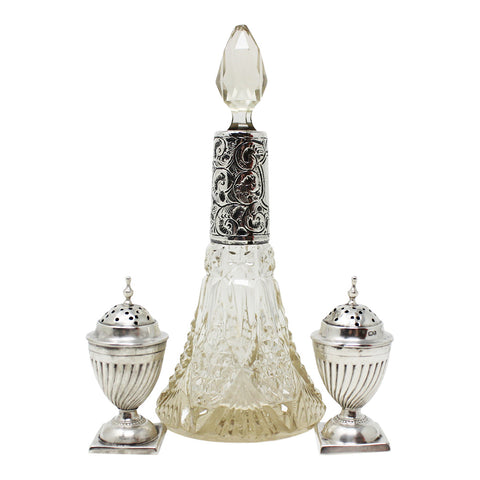 Antique Edwardian Era Cruet Set Sterling Silver Crystal Oil & Vinegar Bottle and Two Pepper Shakers