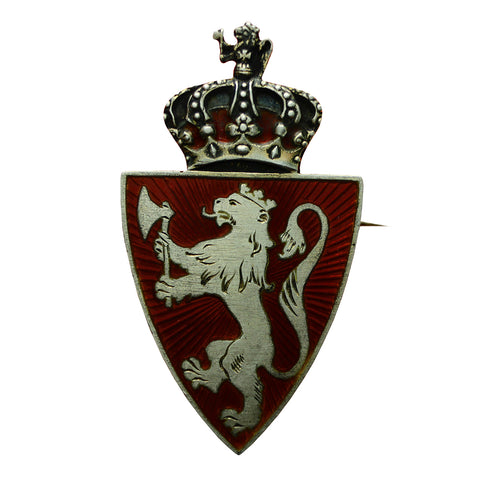 Antique Silver Pin Red Enamel Coat of Arms of Norway