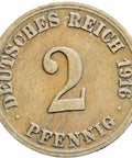 Germany Empire 1916 A 2 Pfennig Wilhelm I Copper Coin