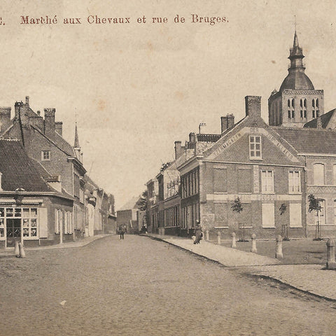 Poperinge Belgium Vintage Postcard Marche aux Chevaux et rue Bruges
