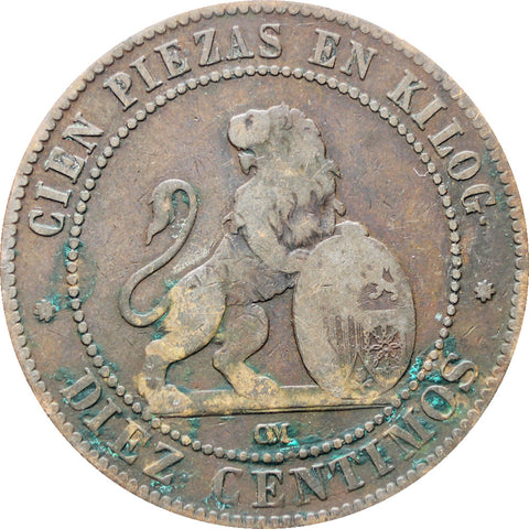 Spain 1870 OM Diez Centimos 10 Centimos Coin