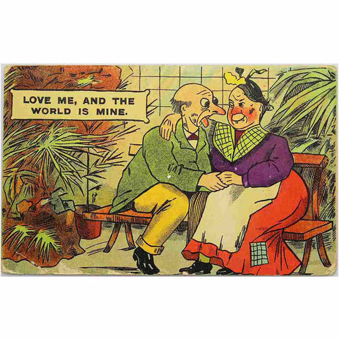 1908 Antique Comic Postcard - Love me, and the world is mine. King Edward VII Halfpenny Stamp