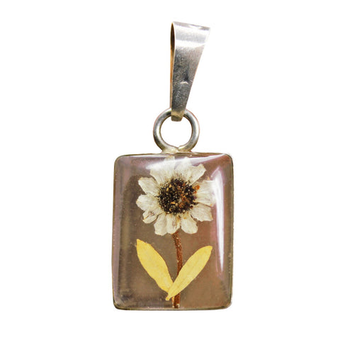 Pressed Flowers 1970’s Vintage 925 Sterling Silver Glass Pendant