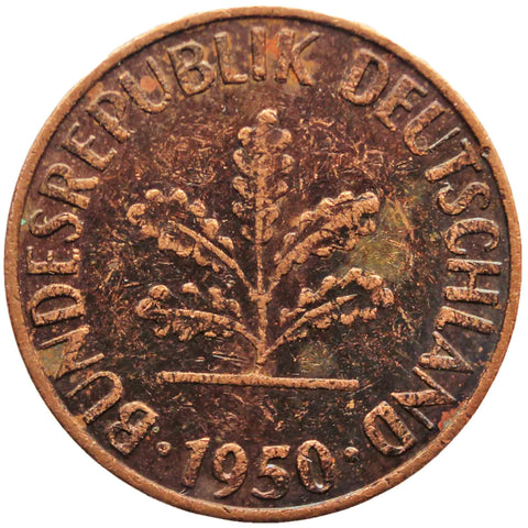 1950 One Pfennig Germany - Federal Republic Coin Karlsruhe Mint
