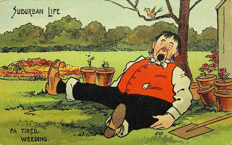1908 Antique Comic Postcard Suburban Life Tired Weeding