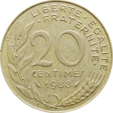 1988 20 Centimes France Coin Marianne Dolphin Mark