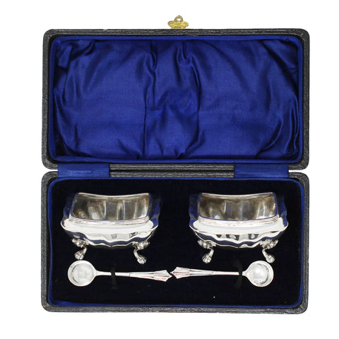 1915 Antique George V Era Sterling Silver Two Salt Pots and Two Spoons with Original Case Silversmith James Deakin & Sons  Chester Hallmarks