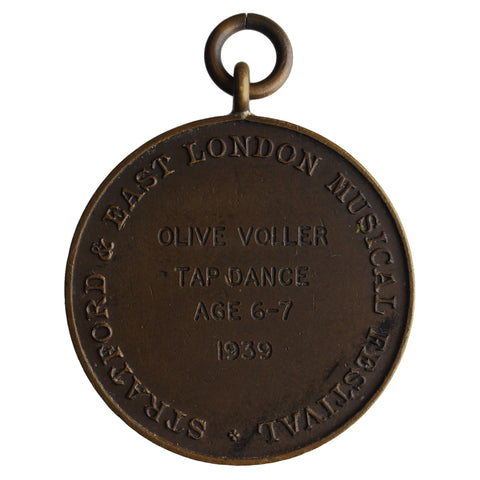 1939 Stratford and East London Musical Festival Bronze Award Medal by Pinches Dance Awarded Olive Voller