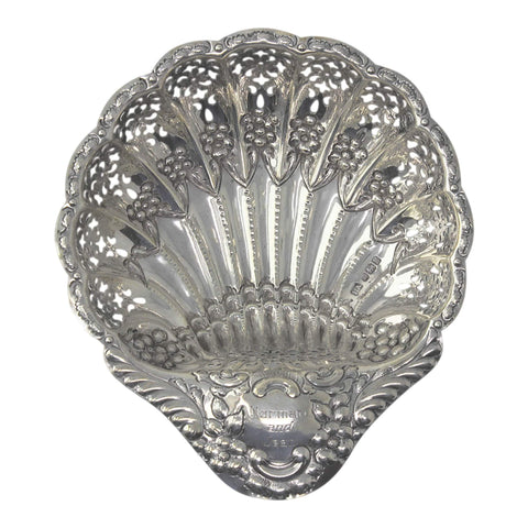 1902 Antique Edwardian Era Shell Shaped Sterling Silver Pierced Dish Silversmith Henry Atkin Sheffield Hallmarks