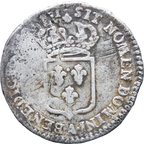 1720 A 10 Sols, 1/12 Ecu Louis XV Silver Coin Struck Over 1719 10 Sols of Franc-Navarre