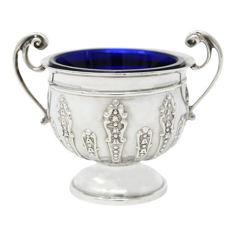 1905 Antique Edwardian Era Sterling Silver Salt Pot with Blue Glass Liner Silversmiths Henry Matthews Birmingham Hallmark