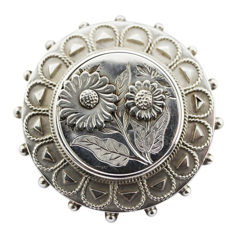1860's Antique Victorian Era Solid Silver Brooch Locket Back Flowers Aesthetic Period
