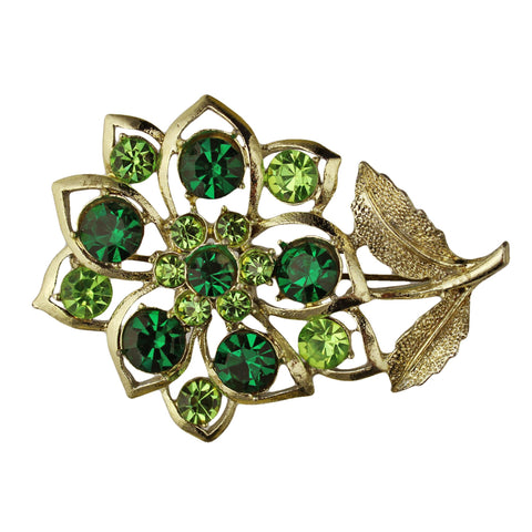 Vintage Brooch Flower Green Glass Crystal