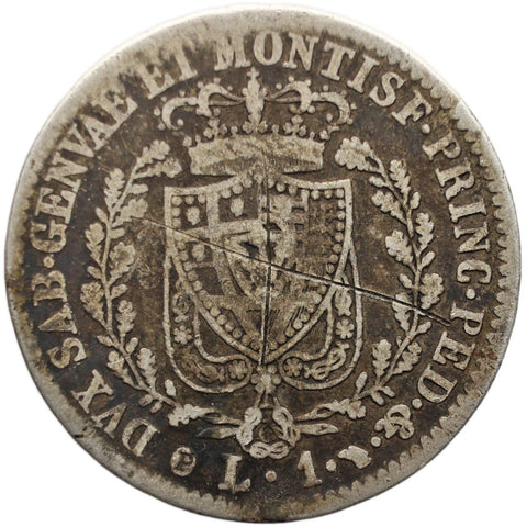 1830 One Lira Sardinia Coin Charles Felix Italy Silver Turin Eagle Mintmark