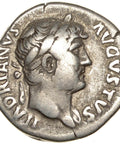 125-128 AD Roman Empire Coin Hadrian Denarius Silver Simpulum, sprinkler, jug, and lituus