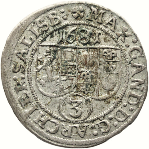 1681 3 Kreuzer Bishopric of Salzburg Austria Coin Max Gandolf von Kuenburg