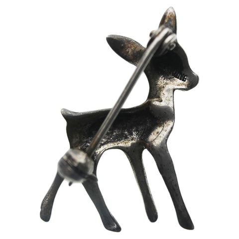 Vintage Silver Brooch Bambi Deer Enamel Marcasite