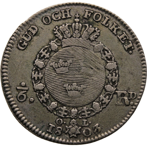 1803 1/6 Riksdaler Sweden Coin Gustav IV Adolf 3rd portrait Silver