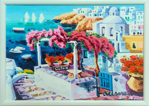 Athos Faccincani (1951) - Vasi con gerani nella luce di Santorini - ZipZappa