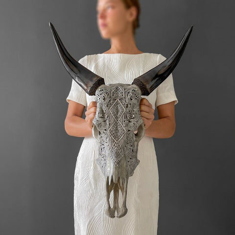 Sooka Interior - Authentic Hand Carved Grey Cow Skull - Ketupat carving - Bone - ZipZappa