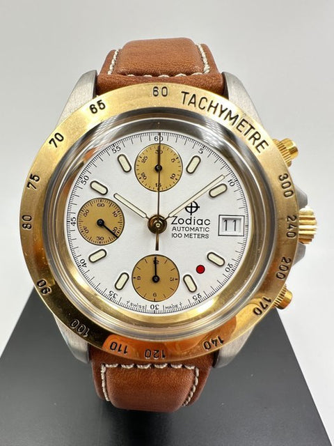 Zodiac - Chrono Automatic Acciaio Oro 18ktDial Bianco Nos New - 406.33.13 - Unisex - 1990-1999 - ZipZappa