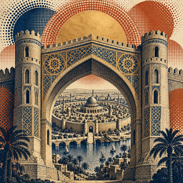 Engraved pop art historical illustration for Abbasid Caliphate coins