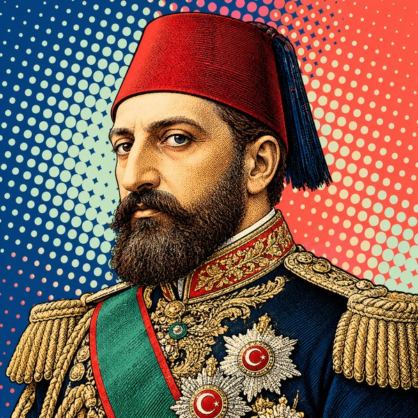 Pop art portrait of Abdul Hamid II against indigo and coral
