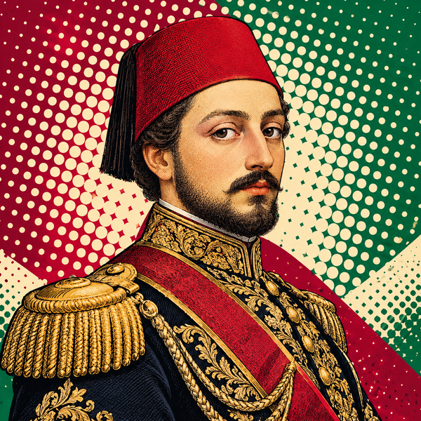Pop art portrait of Abdulmejid I against burgundy, jade green and warm cream