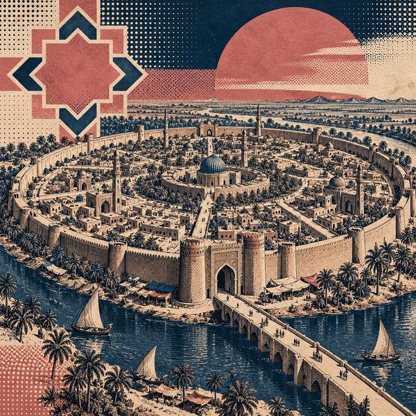 Pop art historical illustration for Al-Mansur coins