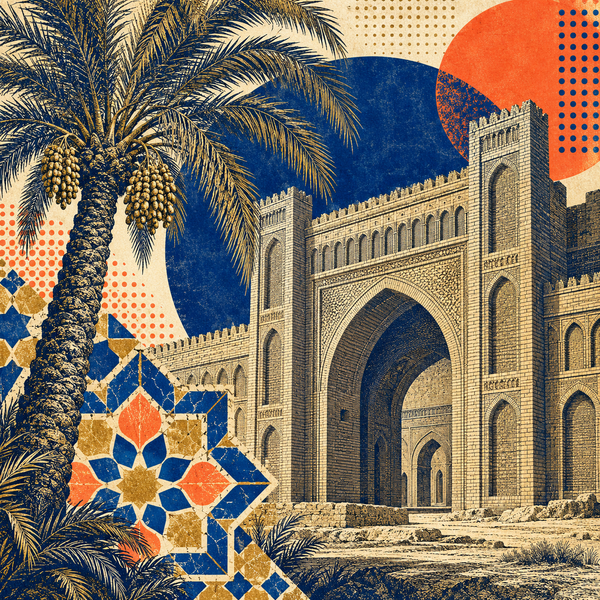 Pop art Abbasid architectural illustration for al-Radi coins