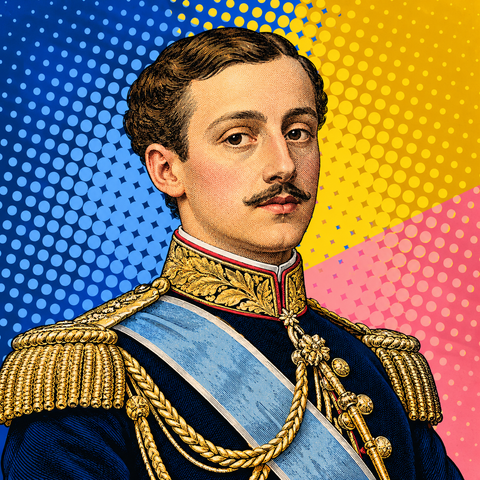 Pop art portrait of Alfonso XII of Spain against cobalt, mustard and blush