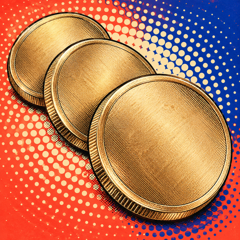 Pop art illustration of aluminium bronze alloy blank coins with warm light golden bronze colour against cobalt, coral and ivory
