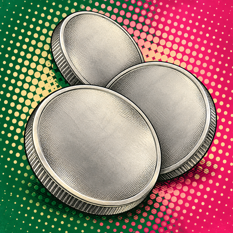 Pop art illustration of lightweight aluminium blank coins, pale matte silver grey metallic surfaces against forest green, rose and cream