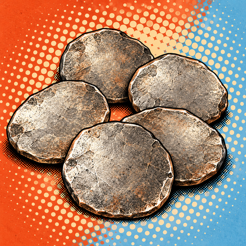 Pop art illustration of aged billon coin blanks against terracotta and pale blue