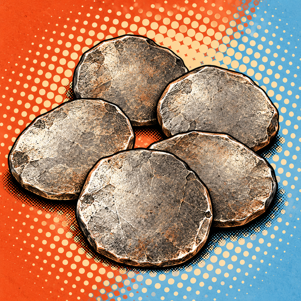 Pop art illustration of aged billon coin blanks against terracotta and pale blue