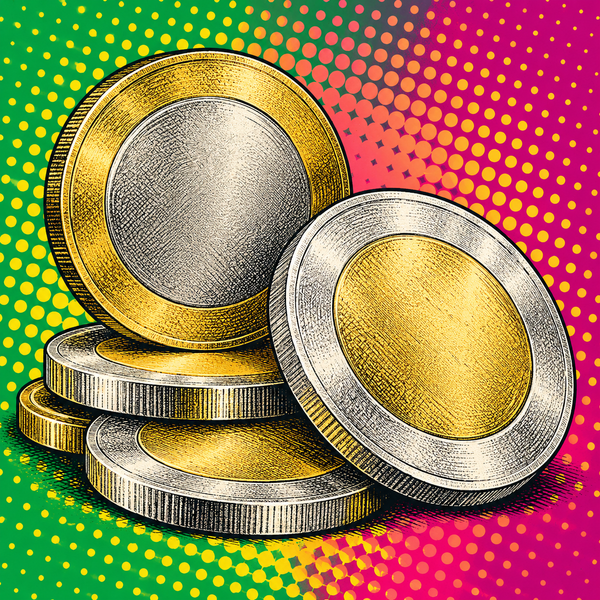 Pop art illustration of unmarked bimetallic blank coins showing two contrasting metals, silver-coloured outer ring and brass-coloured centre, plus one with reversed metals against jade green, raspberry and parchment