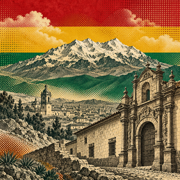 Engraved pop art geographical illustration for Bolivia coins