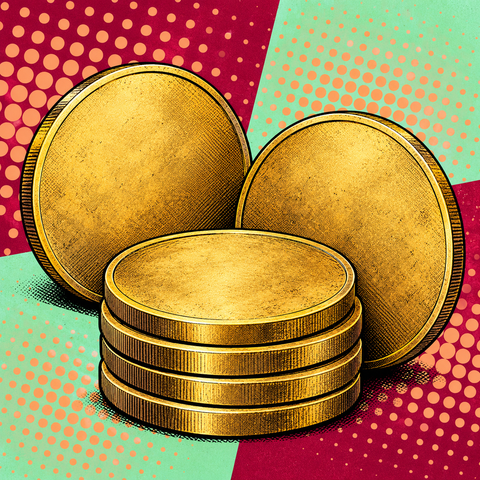 Pop art illustration of brass coin blanks against burgundy and pale mint