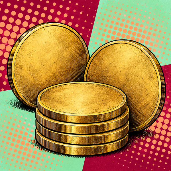 Pop art illustration of brass coin blanks against burgundy and pale mint