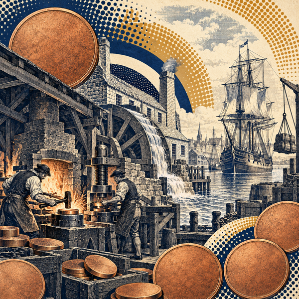 Engraved pop art British industrial forge and copper trade token illustration