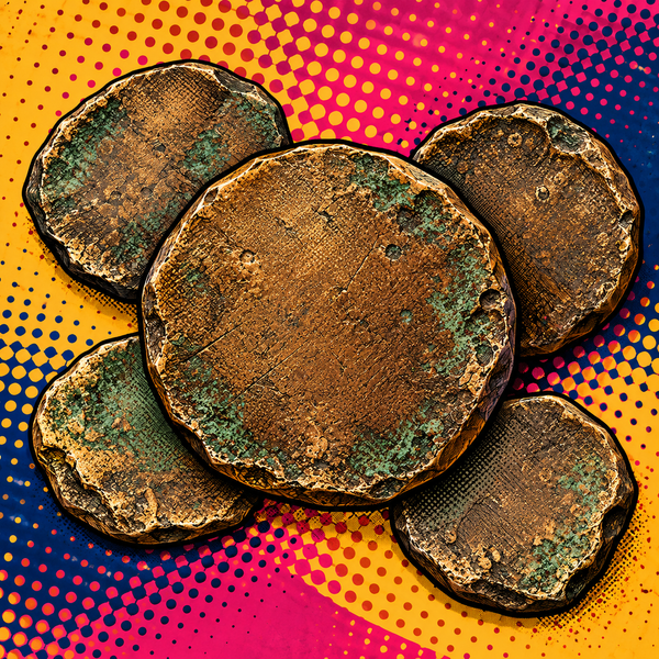 Pop art illustration of aged bronze coin blanks with green patina against sand and raspberry halftone shapes