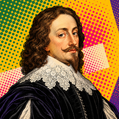Pop art portrait of Charles I with dark curls and a lace collar against saffron, green and raspberry halftone shapes