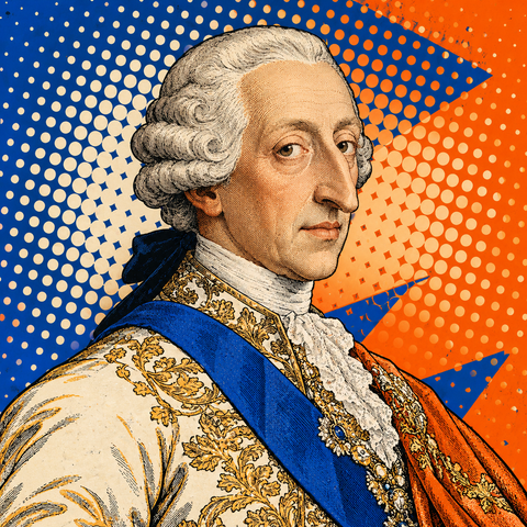 Pop art portrait of Charles III of Spain in cobalt and orange