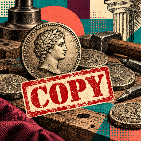 Pop art engraving of reproduction coin tokens marked COPY