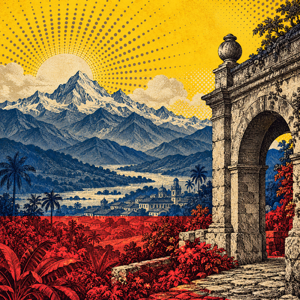 Engraved pop art geographical illustration for Colombia coins