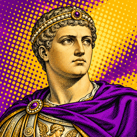 Pop art Roman bust of Constantine I against violet and amber
