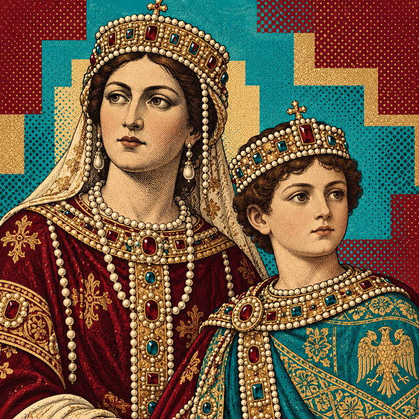 Pop art engraved portrait of Constantine VII and Zoe
