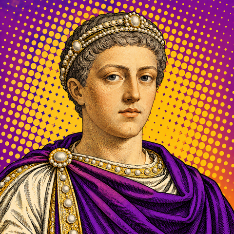 Pop art portrait of Constantius II against violet, warm ochre and ivory