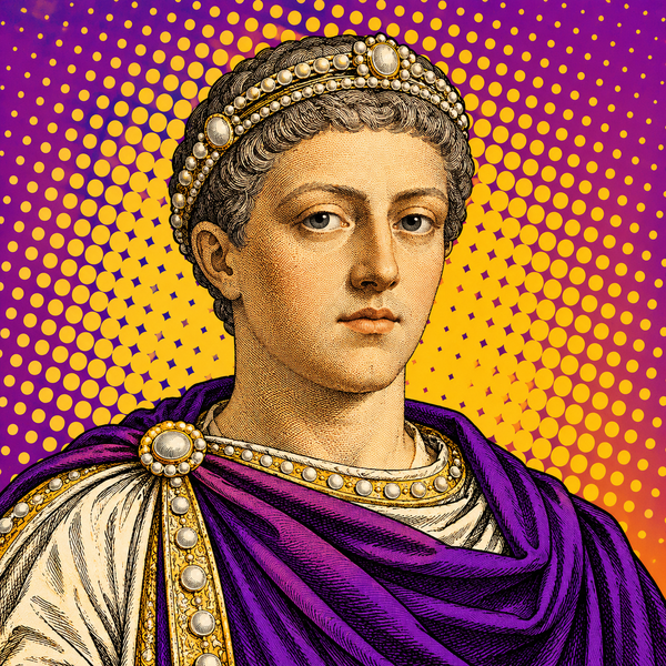 Pop art portrait of Constantius II against violet, warm ochre and ivory